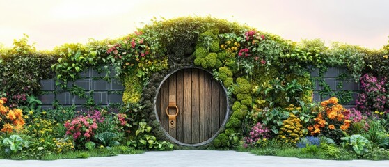 Naklejka premium [Eco-Home living landscaping] Serene Garden Pathway Tunnel with Natural Arch and Lush Vegetation