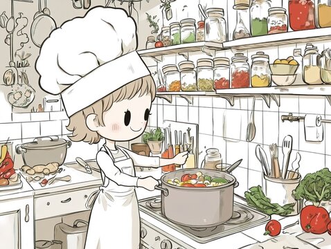 A cute cartoon-style depiction of a young chef cooking soup in a rustic kitchen surrounded by jars of spices, fresh vegetables, and cooking utensils. The atmosphere is cozy and lively.