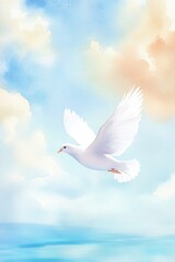 Watercolor painting of a white dove soaring gracefully through a soft, cloudy sky, symbolizing peace, hope, and spirituality