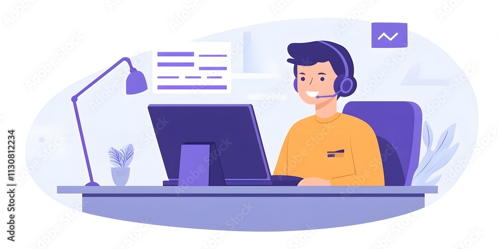 Poster a person working at a desk with a computer and headset, engaged in a task.