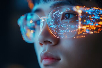 A focused individual with a futuristic look, possibly a CEO, engaging in a holographic meeting The person wears glasses reflecting complex data, showcasing technological advancements The lighting is