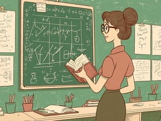 A stylish cartoon-style teacher holding a book and presenting math concepts on a chalkboard in a lively and organized classroom. The image conveys enthusiasm for teaching and learning.