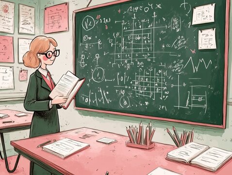 A charming cartoon-style illustration of a teacher holding a book and standing in front of a chalkboard filled with math equations. The classroom environment emphasizes learning and knowledge.