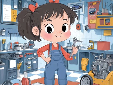 A cheerful cartoon-style girl dressed as a mechanic in overalls holding a wrench in a workshop filled with tools and car parts. The vibrant setting highlights creativity and skill.