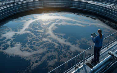 Fototapeta premium Female engineer using a tablet to control the water treatment process at an industrial plant, while standing on a bridge in a waste treatment facility with black sludge and a gooey