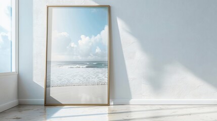 Fototapeta premium Reflection of Calm Beach Scene in Elegant Frame on Bright Wall