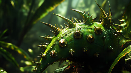 An Impressive and Dangerous Botanical Specimen with Sharp Features and Metal-like Attributes in a Mysterious Jungle Setting