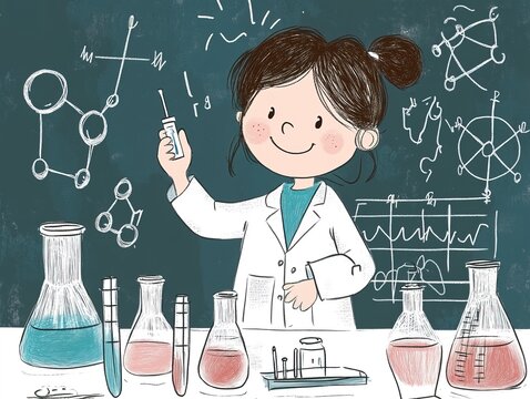 A cartoon-style scientist wearing a white lab coat, holding a syringe while standing in front of a chalkboard filled with scientific equations and surrounded by colorful flasks and test tubes.