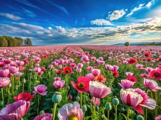 Fototapeta premium Scenic Flight Over Vibrant Opium Poppy Fields in Full Bloom, Aerial View of Colorful Flora, Nature's Beauty, Agriculture, Drone Photography, Landscape, Travel, Serenity, Seasonal Colors, Rural Life