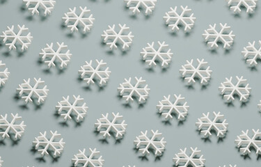3D White Snowflakes on Soft Pastel Blue Surface: Festive Holiday Decoration