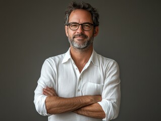 Obraz premium Engaging Presenter with strong body language emphasizing assertiveness and confidence in a head and shoulder portrait, featuring a man with a slight smile and glasses, wearing a white button-down