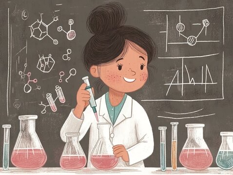 A cartoon-style female scientist pipetting into a flask, with molecular structures and equations on the chalkboard in a detailed and engaging laboratory scene.