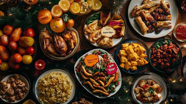 Festive Buffet Spread with International Dishes for New Year Party, Midnight Feasts and Buffets, New Year's day, New Year's Eve 