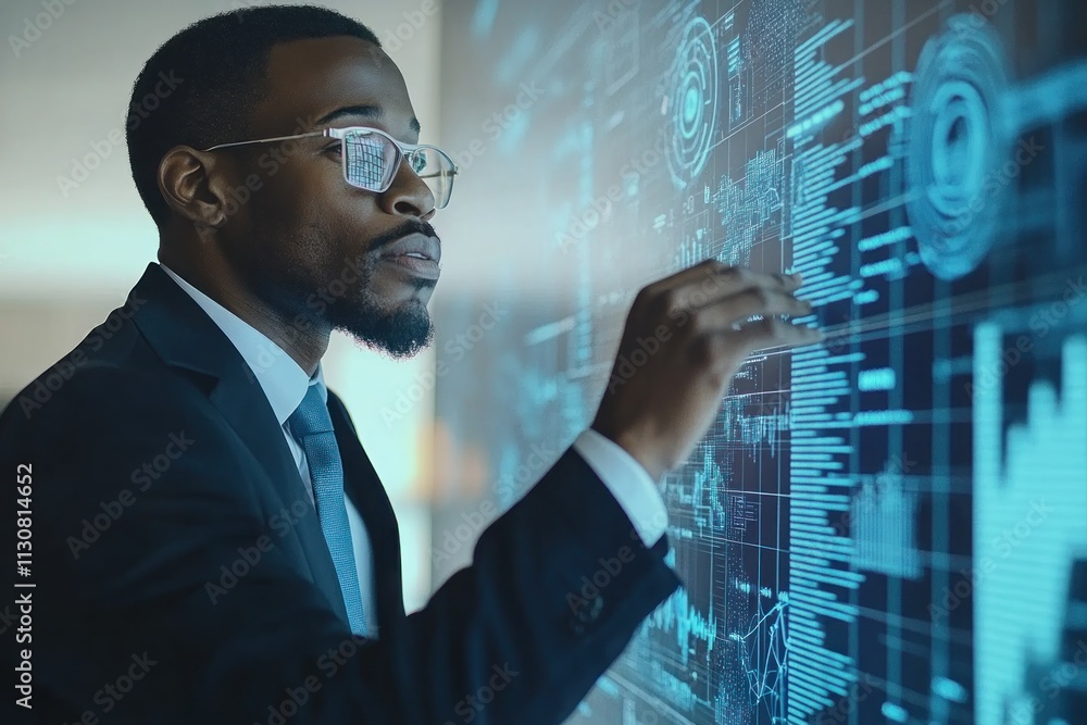 Poster explore dynamic business growth with a modern executive presenting strategies using interactive holo