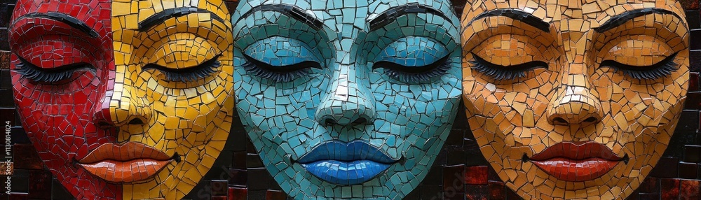 Poster explore striking mosaic face shifting expressions, depicting adaptability to dynamic situations obse