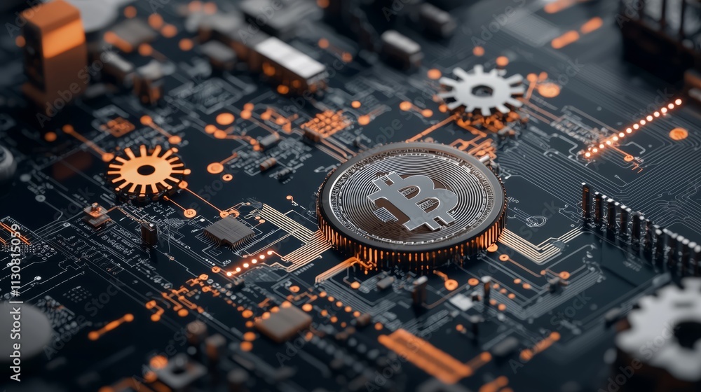 Poster digital cryptocurrency concept with bitcoin coin and circuit board