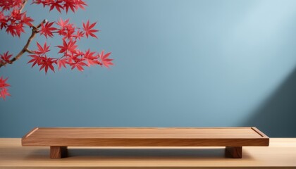 Wooden Platform with Red Maple Leaves and Blue Background for Product Photography,  for product display montage, Japan style 