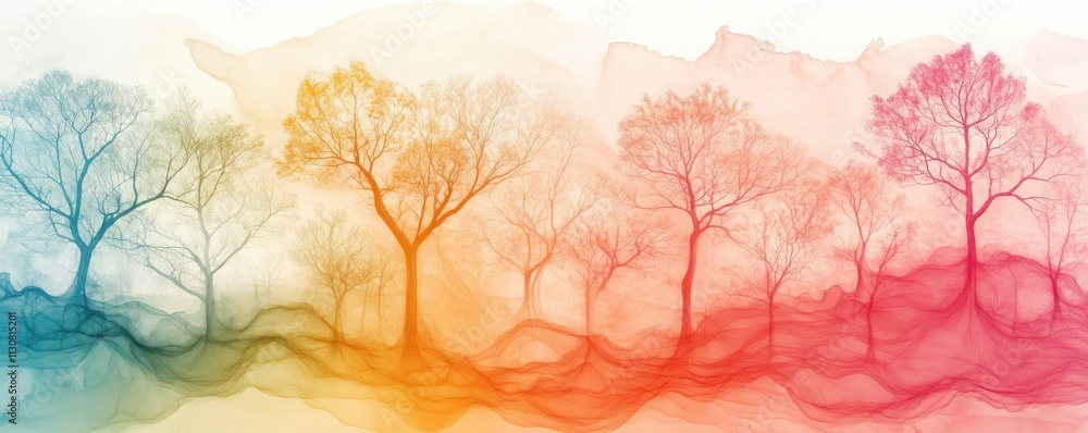 Poster explore the breathtaking transformation of transparent structures evolving into vibrant trees, showc