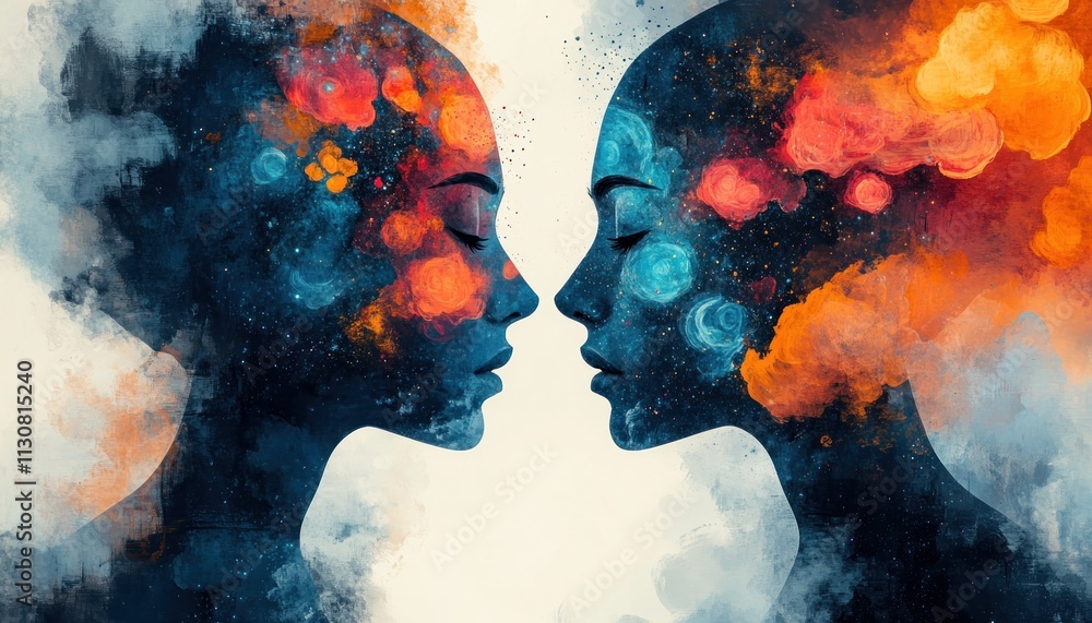 Aufkleber explore the captivating abstract art of two silhouettes in sync, where colorful patterns beautifully