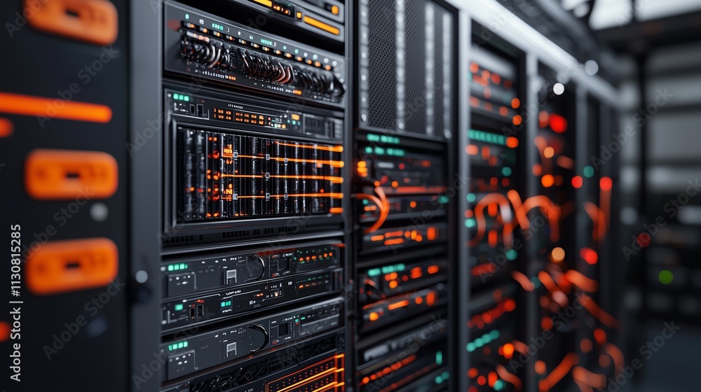 Poster high-tech data center server rack with colorful led lights