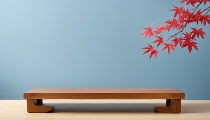 Wooden Platform with Red Maple Leaves and Blue Background for Product Photography,  for product display montage, Japan style 
