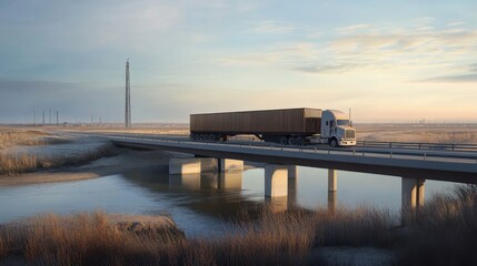 Trucker Driving a Large Trailer Across a Bridge Over a Serene River in the Golden Light of Early Morning