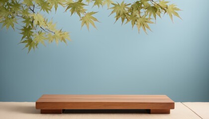 Wooden Platform with Yellow Maple Leaves and Blue Background for Product Display Montage, Product Photography, Japan style 