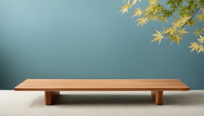 Wooden Platform with Yellow Maple Leaves and Blue Background for Product Display Montage, Product Photography, Japan style 