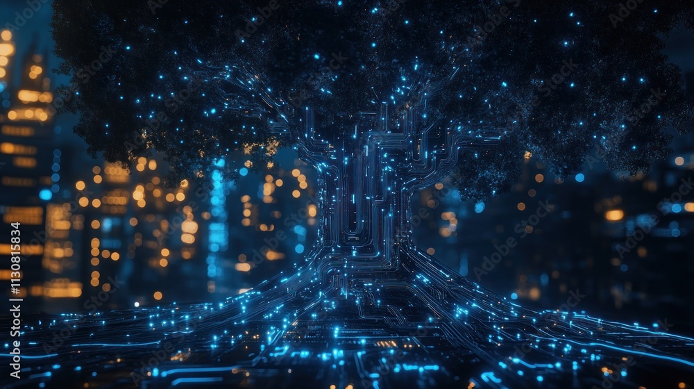 Aufkleber explore the fusion of nature and technology with this captivating image of glowing circuits forming 