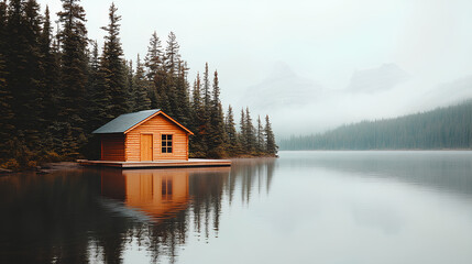 Obraz premium A peaceful lakeside cabin reflects on still waters, framed by colorful autumn trees and towering mountains. This idyllic setting invites leisure and relaxation in nature's embrace