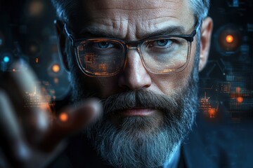 Explore the future of leadership with this captivating image of a Futuristic CEO leading a holographic meeting His expressions convey clarity and assertiveness, showcasing innovative technology and