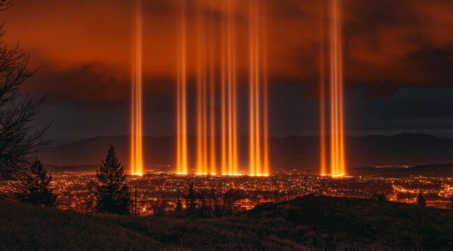 Long, orange light beams are shining down on the city of Hermiston in Oregon, USA. The lights form an abstract pattern over the landscape at night. There is a small hill with trees