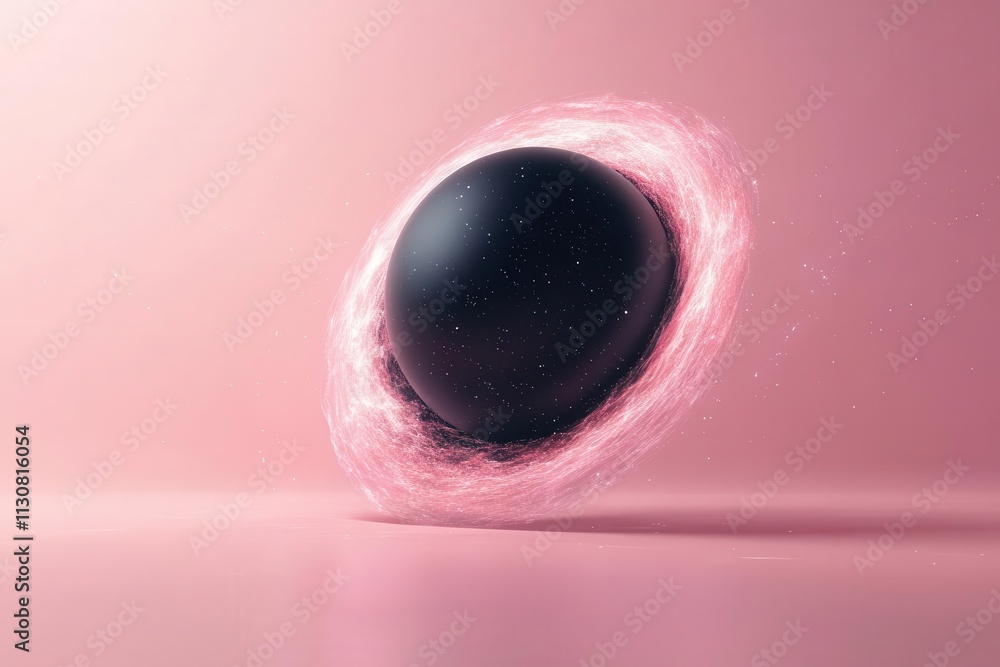Poster a black spherical object surrounded by a pink glowing aura, set against a soft pink background, crea