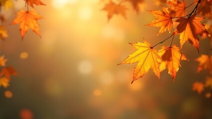 Obraz premium Golden hour illuminates vibrant autumn maple leaves, creating a breathtaking scene of warmth and tranquility. Nature's artistry at its finest!