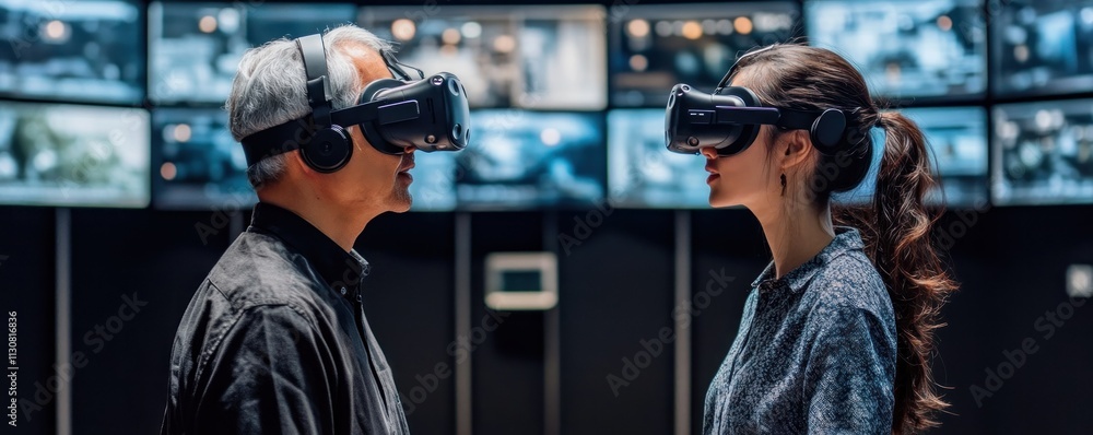Poster explore virtual reality with a professional in vr setup delivering persuasive dialogue with adaptabl