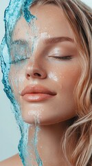 Naklejka premium Woman in a tranquil water moment with closed eyes.
