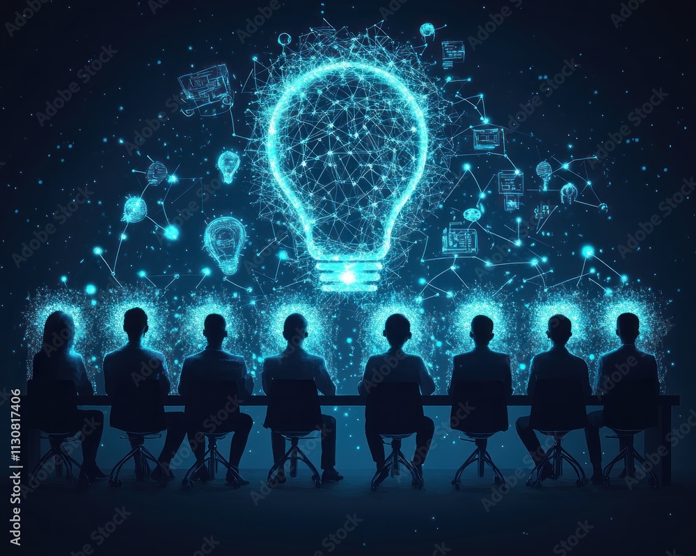 Poster team brainstorming session in a glowing digital environment, showcasing innovative ideas and technol