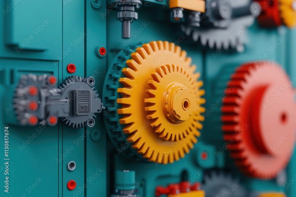 Poster a colorful arrangement of gears and cogs, showcasing intricate mechanical design and engineering pre