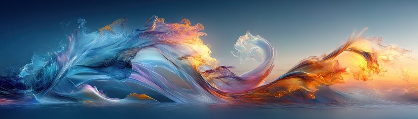 Witness a captivating transparent wave morphing into vibrant forms, symbolizing evolution and innovation This dynamic image showcases a fluid transformation of colors, from cool blues to warm