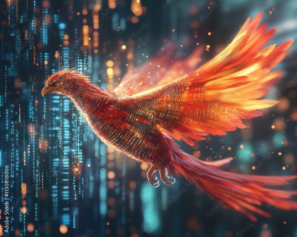 Poster witness the digital phoenix rising from code fragments, symbolizing adaptability and change, a moder