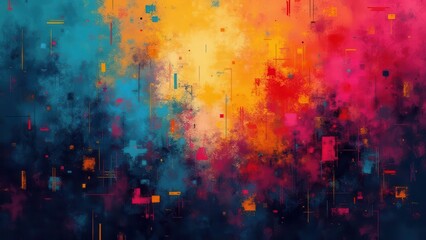 Naklejka premium Abstract grid distortions. Retro tech-themed background with pixelated patterns and glitch effects. Vibrant and colorful with a nostalgic feel.