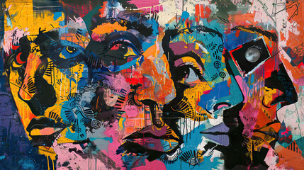 Obraz premium Abstract Composition of Fragmented Faces in Multicolored Layers