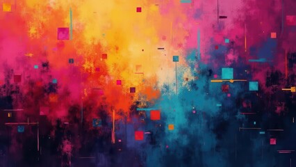 Naklejka premium Abstract grid distortions. Retro tech-themed background with pixelated patterns and glitch effects. Vibrant and colorful with a nostalgic feel.