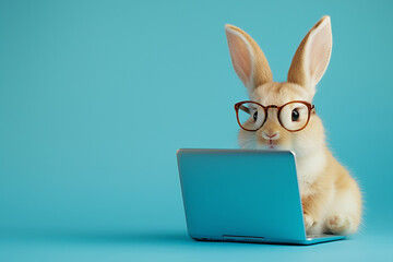 Cute Easter bunny with glasses sitting at the laptop on a blue background, with copy space concept for the Easter holiday and digital technology business online working. 