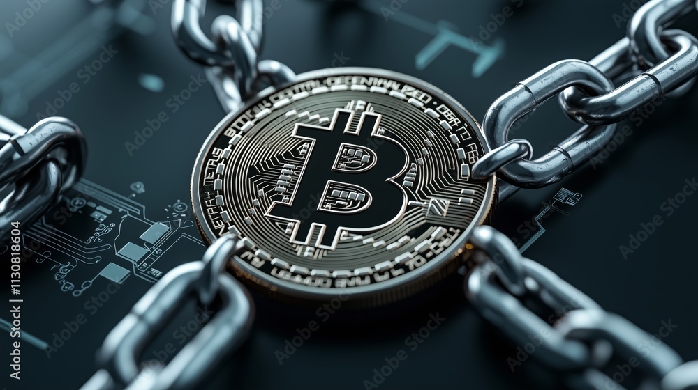 Poster locked bitcoin symbol with chain on digital circuit background