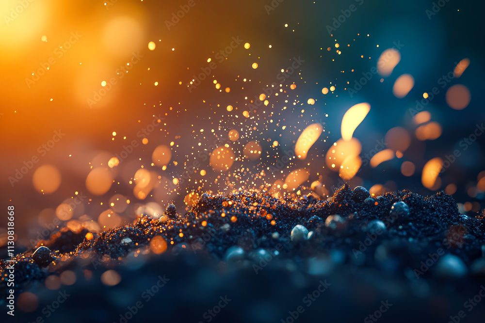 Wall mural blurry image of a rocky area with a lot of sparkles. scene is chaotic and disordered, with the spark