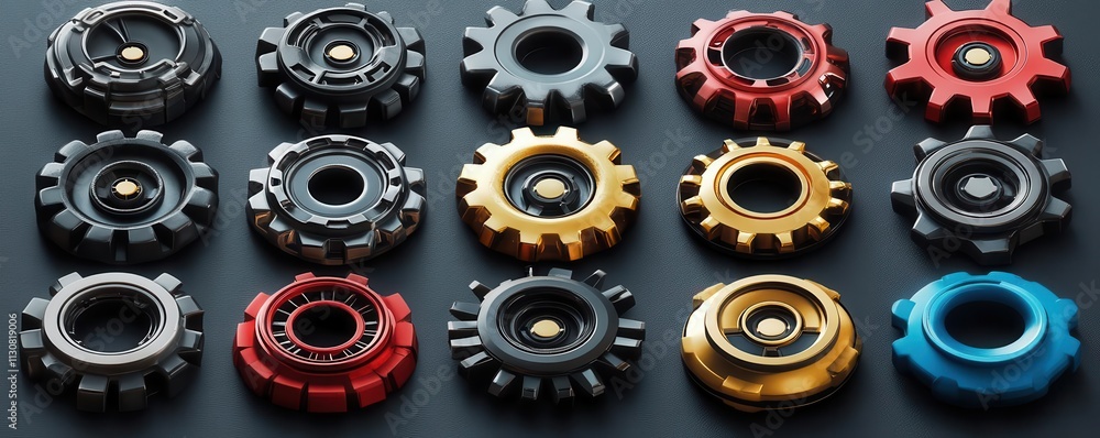 Poster a close-up of colorful machine gears arranged in a grid, showcasing various sizes and designs agains