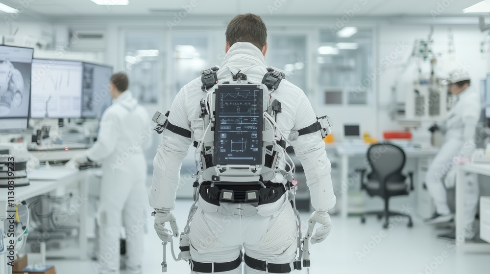 Poster astronaut preparation in high-tech laboratory environment
