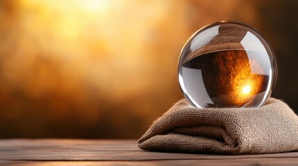 Obraz premium A crystal ball rests on a textured fabric, illuminated by a warm, glowing background, Ideal for themes like mysticism, meditation, or vision, this image evokes curiosity and introspection,