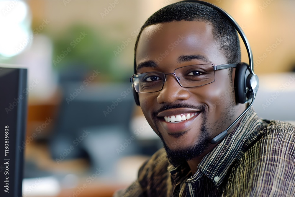 Poster a smiling man with a headset at a computer, representing customer service or support.